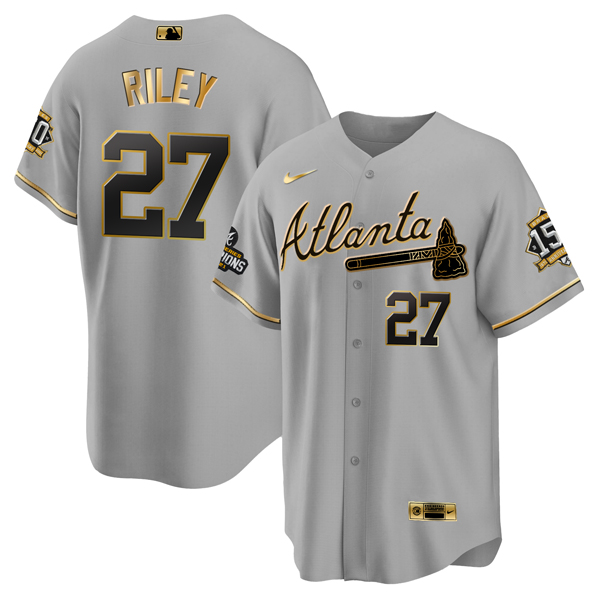 Men's Atlanta Braves #27 Austin Riley 2021 Grey/Gold World Series Champions With 150th Anniversary Patch Cool Base Stitched Jersey